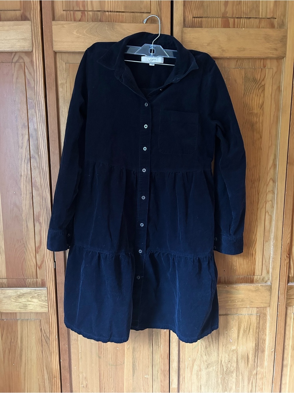 LOFT Navy Tiered Button-Front Shirt Dress